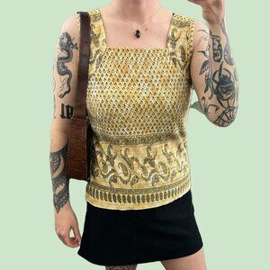 vintage 90s green yellow paisley girly boho granola top